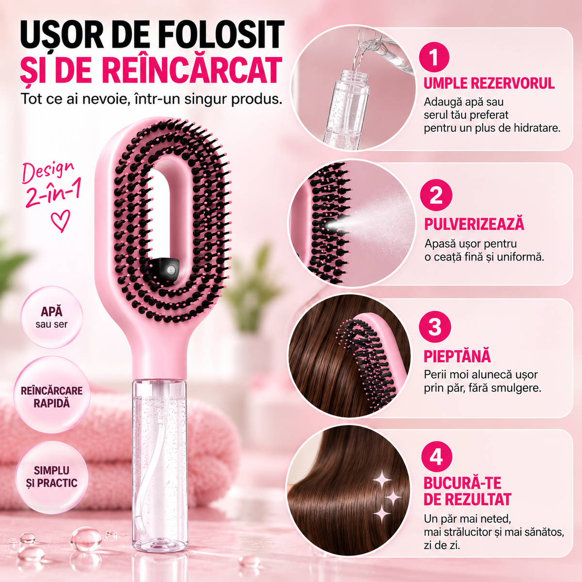 Perie Magică cu Pulverizator pentru Pieptănat fără Noduri
